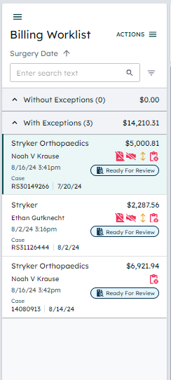The new Billing Worklist without/with exception view in ReadySet V10.7