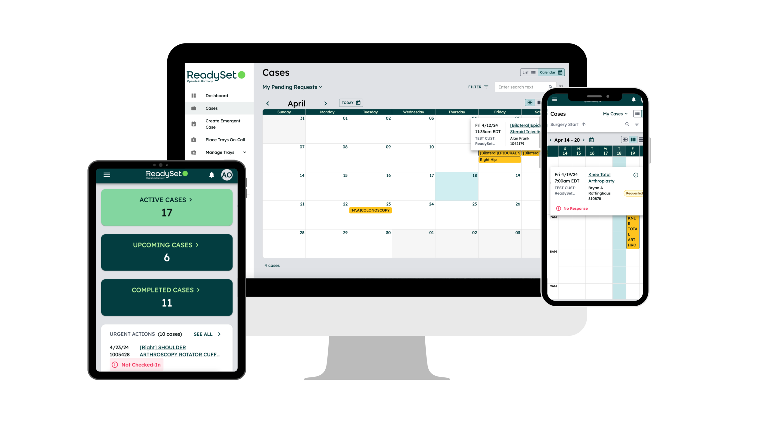 The ReadySet platform's Cases Calendar feature, showing upcoming scheduled cases.